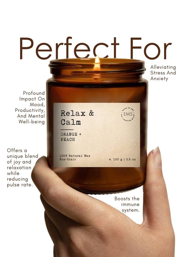 EM5 Relax & Calm Aromatherapy Scented Candles | Orange & Peach | 100% Natural Wax & Lead Free Wick | Upto 30Hrs of Clean Burning | Smokeless & Non-Toxic Candles | 100 GMS - Image 2